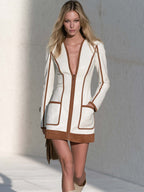 Retro Croc Embossed Faux Leather Color Block Long Sleeve Going Out Mini Dress