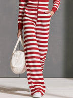 Fashionable Sporty Hooded Striped Cotton Long-sleeved Wide-leg Jumpsuit