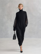 Premium Black Cable-Knit Turtleneck Lace-Sleeve Maxi Dress