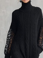 Premium Black Cable-Knit Turtleneck Lace-Sleeve Maxi Dress