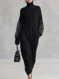 Premium Black Cable-Knit Turtleneck Lace-Sleeve Maxi Dress