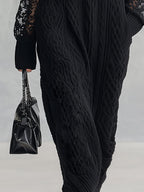 Premium Black Cable-Knit Turtleneck Lace-Sleeve Maxi Dress