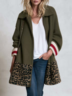 Retro Women's Zip-Up Leopard Colorblock Striped Cuffs Knit Cardigan Coat
