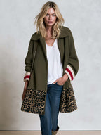 Retro Women's Zip-Up Leopard Colorblock Striped Cuffs Knit Cardigan Coat
