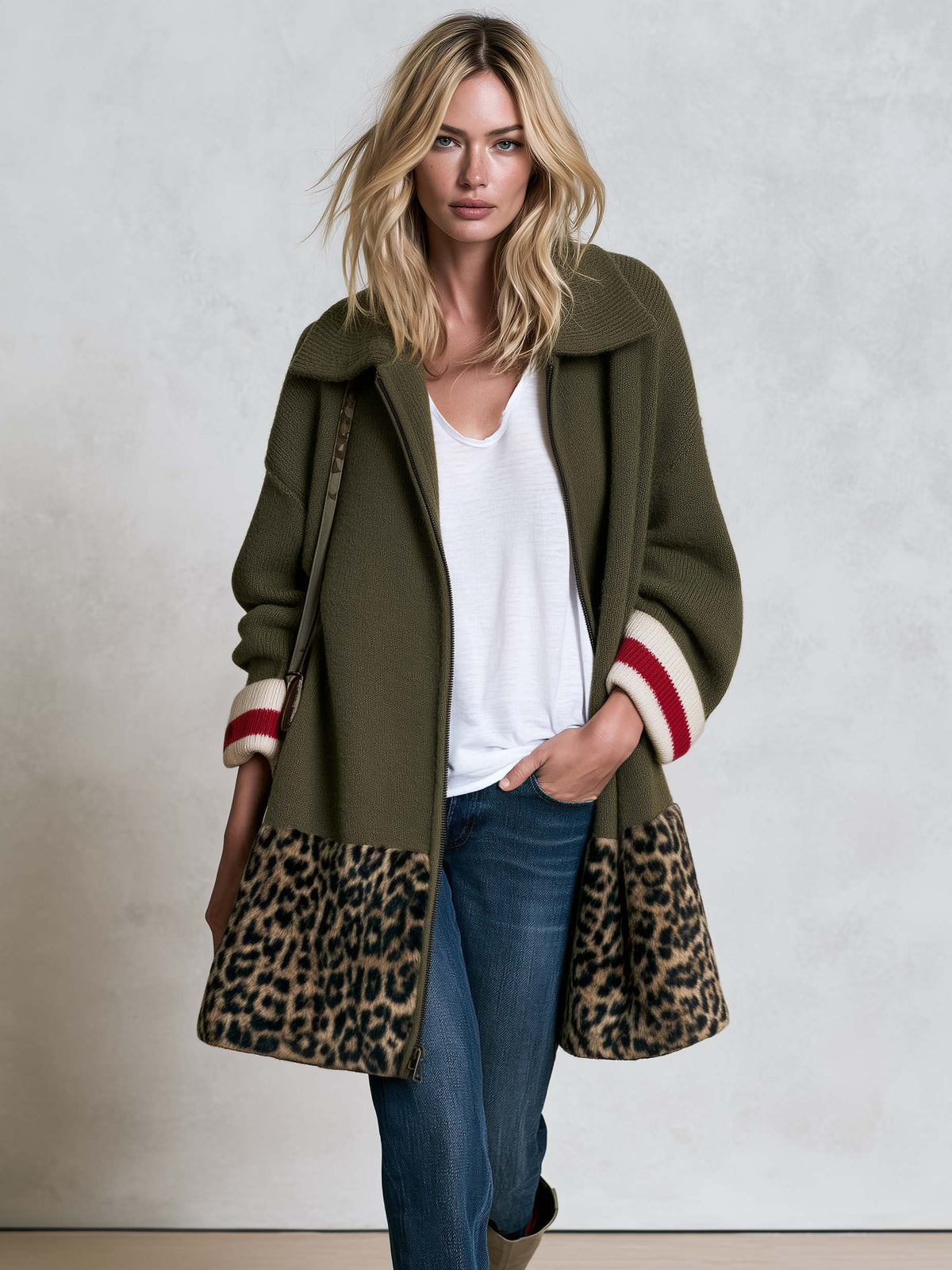 Retro Women's Zip-Up Leopard Colorblock Striped Cuffs Knit Cardigan Coat