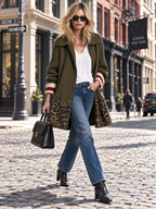 Retro Women's Zip-Up Leopard Colorblock Striped Cuffs Knit Cardigan Coat