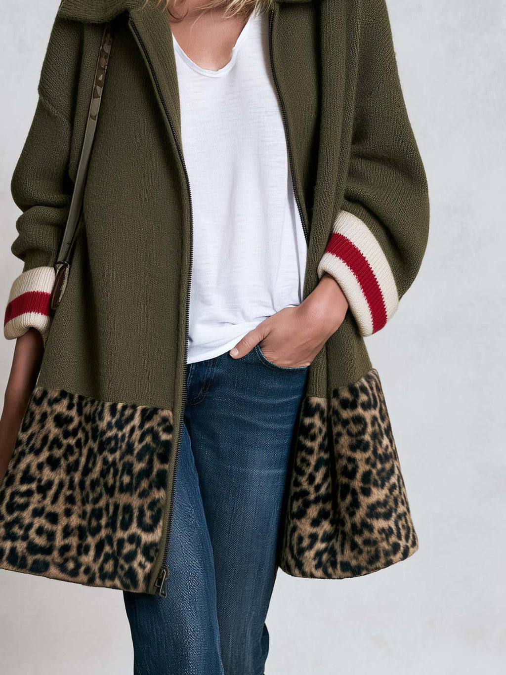 Retro Women's Zip-Up Leopard Colorblock Striped Cuffs Knit Cardigan Coat