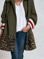 Retro Women's Zip-Up Leopard Colorblock Striped Cuffs Knit Cardigan Coat