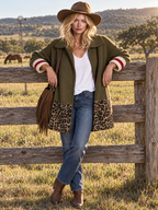 Retro Women's Zip-Up Leopard Colorblock Striped Cuffs Knit Cardigan Coat