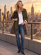 Retro Women's Zip-Up Leopard Colorblock Striped Cuffs Knit Cardigan Coat