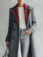 Classic Retro Red Plaid Lapel Grey Double-breasted Long Coat
