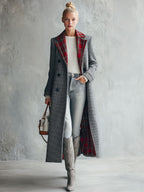 Classic Retro Red Plaid Lapel Grey Double-breasted Long Coat