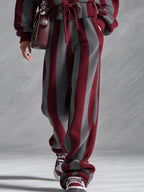 Retro Sporty Red And Gray Striped Zippered Ruffled Cotton Top And Pants Set
