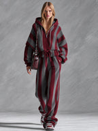 Retro Sporty Red And Gray Striped Zippered Ruffled Cotton Top And Pants Set