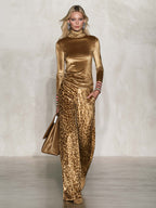 Vintage Glam Gold Velvet Turtleneck Top And Leopard-Print Wide-Leg Pants Set