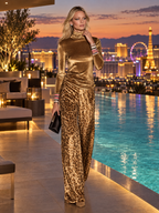 Vintage Glam Gold Velvet Turtleneck Top And Leopard-Print Wide-Leg Pants Set