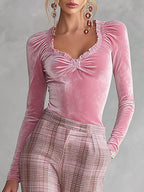 Chic Pink Ruffled Top And Plaid Wide-leg Trousers Velvet Set