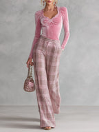 Chic Pink Ruffled Top And Plaid Wide-leg Trousers Velvet Set
