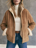 Casual Retro Fleece-lined Camel-colored Faux Suede Jacket/coat