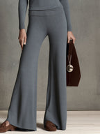 Stylish And Simple Dark Gray Knit Crew Neck Sweater And Flared Pants Set
