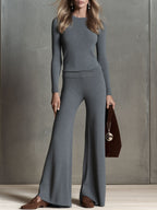 Stylish And Simple Dark Gray Knit Crew Neck Sweater And Flared Pants Set
