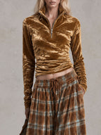 Retro Elegant Gold Velvet Stand-Collar Zip Top And Plaid Print Loose Wide-Leg Trousers Set