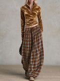 Retro Elegant Gold Velvet Stand-Collar Zip Top And Plaid Print Loose Wide-Leg Trousers Set
