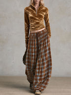 Retro Elegant Gold Velvet Stand-Collar Zip Top And Plaid Print Loose Wide-Leg Trousers Set