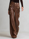 Retro & Versatile Brown Multi-Pocket PU Wide-Leg Pants