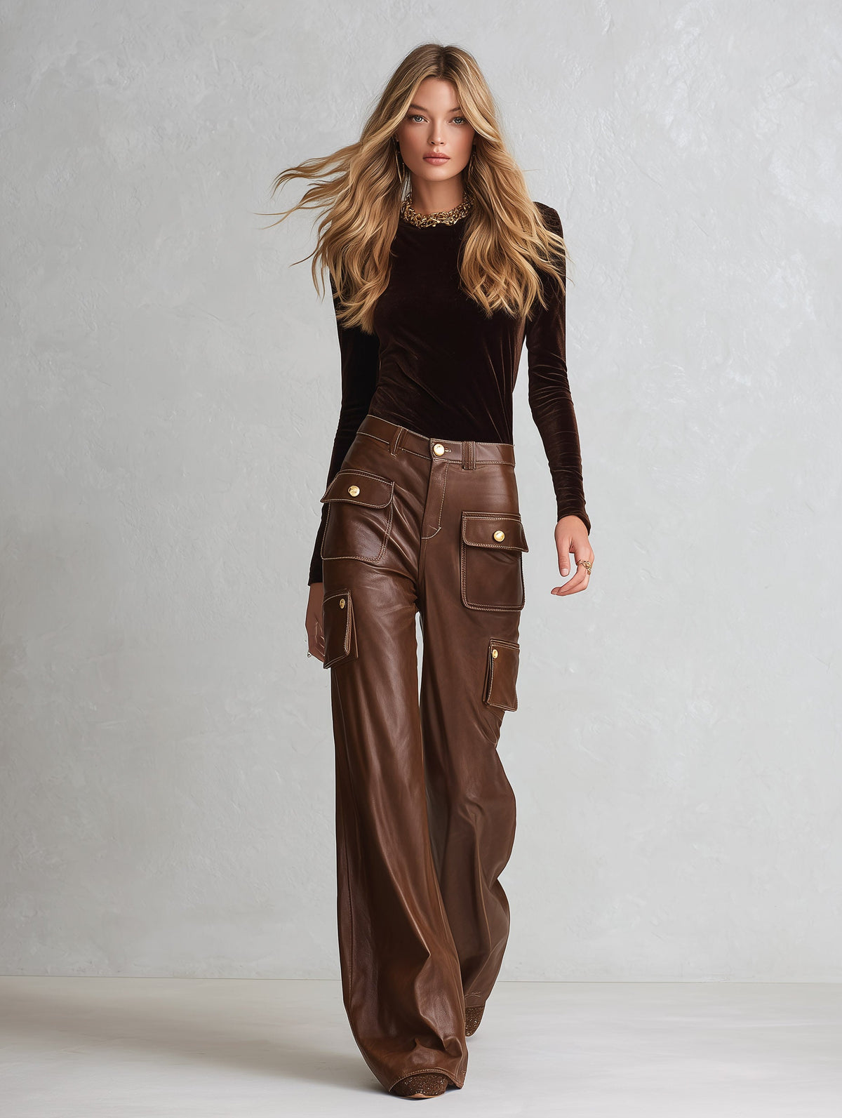 Retro & Versatile Brown Multi-Pocket PU Wide-Leg Pants