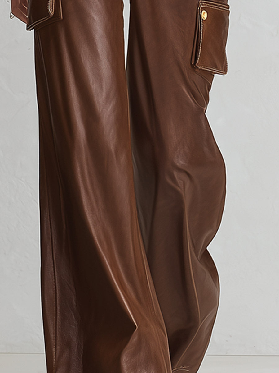 Retro & Versatile Brown Multi-Pocket PU Wide-Leg Pants