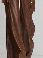 Retro & Versatile Brown Multi-Pocket PU Wide-Leg Pants