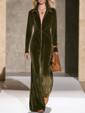 Stylish And Simple Olive Green Velvet Long-sleeved Wide-leg Jumpsuit