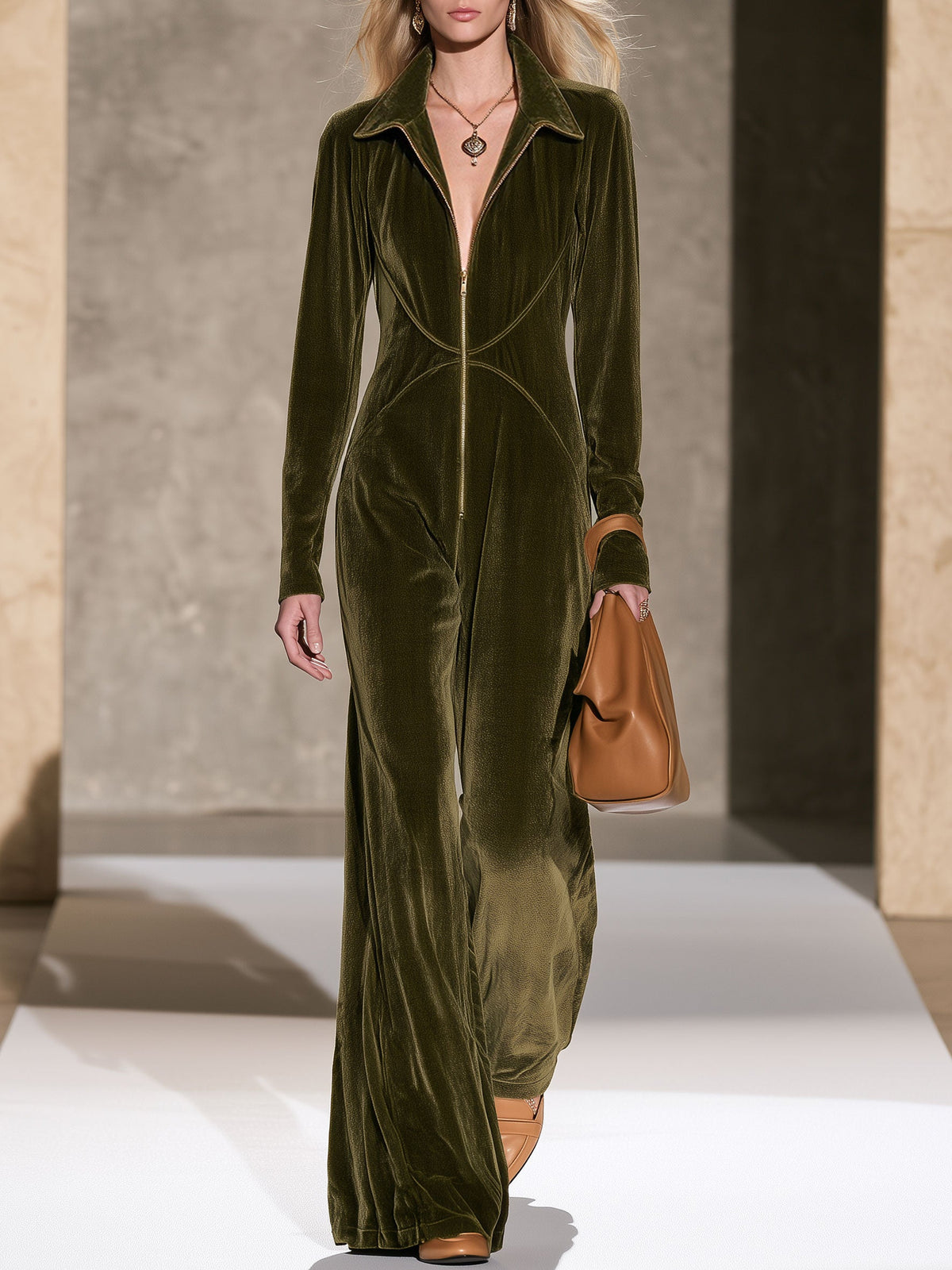 Stylish And Simple Olive Green Velvet Long-sleeved Wide-leg Jumpsuit