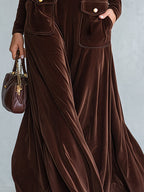 Premium Minimalist Brown Button-Detail High-Neck Velvet Maxi Dress