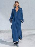 Retro Sporty Oversized Long Sleeve Stand Collar Quarter-Zip Striped Cuff Fleece Maxi Dress