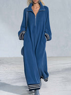 Retro Sporty Oversized Long Sleeve Stand Collar Quarter-Zip Striped Cuff Fleece Maxi Dress
