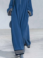 Retro Sporty Oversized Long Sleeve Stand Collar Quarter-Zip Striped Cuff Fleece Maxi Dress