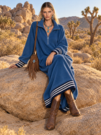 Retro Sporty Oversized Long Sleeve Stand Collar Quarter-Zip Striped Cuff Fleece Maxi Dress