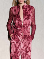 Edgy Chic Camo Print Sheer Lace Sleeves Velvet Jumpsuit