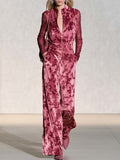 Edgy Chic Camo Print Sheer Lace Sleeves Velvet Jumpsuit