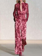 Edgy Chic Camo Print Sheer Lace Sleeves Velvet Jumpsuit