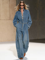 Fashionable Retro Frayed Faded Blue Denim Long-sleeved Wide-leg Jumpsuit