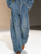 Fashionable Retro Frayed Faded Blue Denim Long-sleeved Wide-leg Jumpsuit