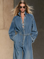 Fashionable Retro Frayed Faded Blue Denim Long-sleeved Wide-leg Jumpsuit