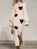 Retro Elegant Color Block Heart Sequin Mohair Knit Maxi Dress