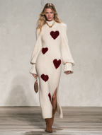 Retro Elegant Color Block Heart Sequin Mohair Knit Maxi Dress