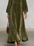 Vintage-style Elegant Long-sleeved Maxi Dress With Velvet And Lace Paneling
