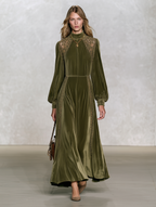 Vintage-style Elegant Long-sleeved Maxi Dress With Velvet And Lace Paneling
