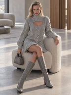 Retro Chic Gray Turtleneck Openwork Cable Knit Ruffle Mini Dress